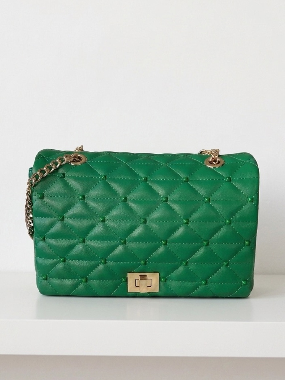 INC Green Quilted & Studded Shoulder Crossbody Bag with Gold Turn-Lock Chain NWT